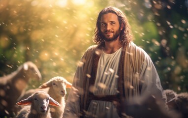 Obraz premium A bible jesus shepherd with his flock of sheep during sunset. Generative AI