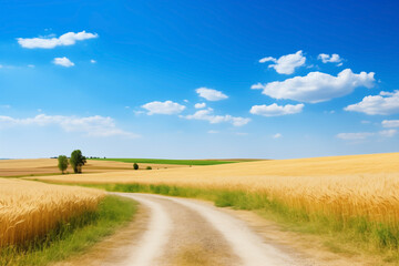 Fototapeta na wymiar dirt road is straight going to horizon between fields with wheat ears, clear day and white clouds in blue sky