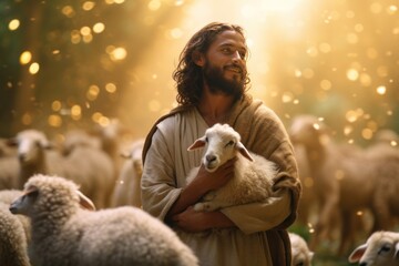 A bible jesus shepherd with his flock of sheep during sunset. Generative AI