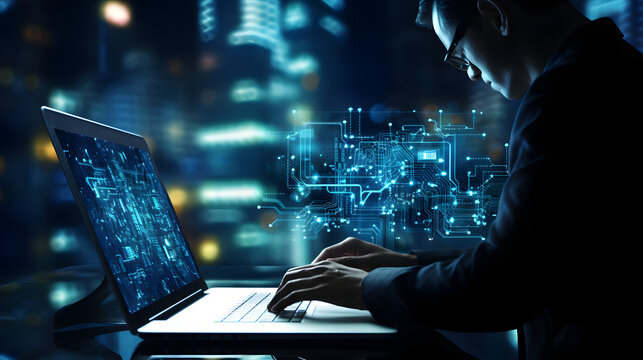 Digital technology, software development concept. Coding programmer, software engineer working on laptop with circuit board and javascript on virtual screen, internet of things IoT. generative ai.