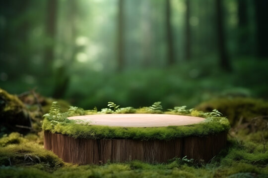 podium empty flat  from round stump overgrown with green moss in forest, blurred background