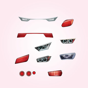 realistic car headlights realistic icon set front rear lights red white vector illustration