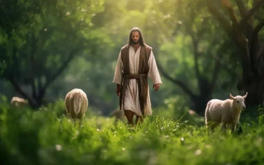 Fotobehang A bible jesus shepherd with his flock of sheep during sunset. Generative AI © sticker2you