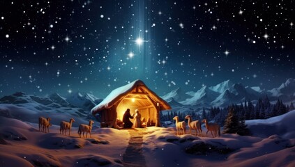 Christmas nativity scene. Baby Jesus Christ, Mary and Joseph. Generative AI