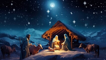 Obraz na płótnie Canvas Christmas nativity scene. Baby Jesus Christ, Mary and Joseph. Generative AI