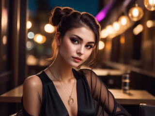 Fototapeta premium Portrait of a beautiful brunette woman in an evening caf?. ai
