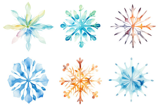 Colorful pastel boho vintage watercolor snowflake hand drawing set art