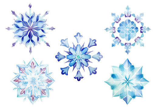 Elegant soft pastel watercolor snowflake painting clipart set