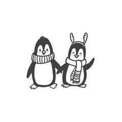 two cute cartoon penguins on a white background. Doodle style. Penguin couple. Character for Christmas card. vector illustration