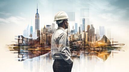 Double exposure of a engineer and urban cityscape. generative ai.