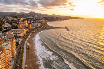 Aerial view of the beautiful beach front in Malaga city, Spain