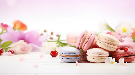 macaroons on a wooden table with flowers