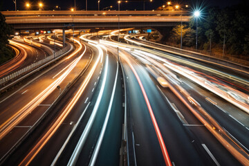 Fototapeta na wymiar High speed urban traffic on a city highway during evening rush hour, car headlights and busy night transport captured by motion blur lighting effect and abstract long exposure photography