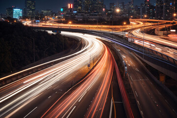 Fototapeta na wymiar High speed urban traffic on a city highway during evening rush hour, car headlights and busy night transport captured by motion blur lighting effect and abstract long exposure photography