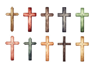 Watercolor various Christian cross flat hand painting style bundle