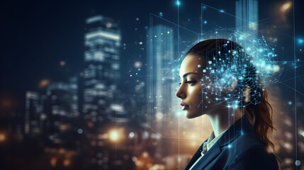 Double exposure of business woman and Big Data concept. Digital neural network.Introduction of artificial intelligence. Cyberspace of future.Science and innovation of technology. generative ai.