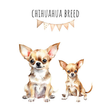 Watercolor chihuahua breed adult dog and puppy. Watercolor collection of dogs.