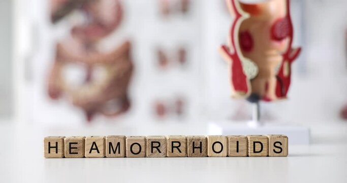 Word hemorrhoids on wooden cubes on background of anatomical model of rectum 4k movie. Diagnosis and treatment of hemorrhoids concept