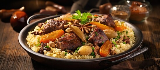 Top view of mixed lamb meat, rice, dried fruits, onions, and chestnuts in a pilaf dish.
