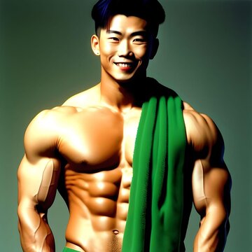 Muscular 3D Asian Guy with Green Towel Smiling and Looking at Camera Isolated on Green Background