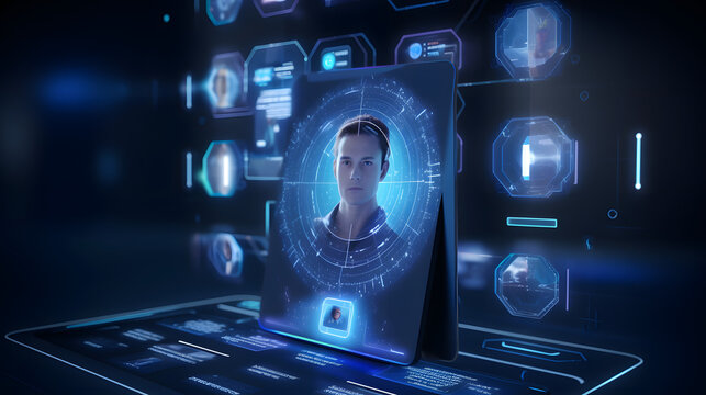 Facial Recognition System concept with Face Recognition and 3D scanning interface. generative ai.