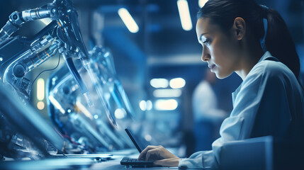 Factory Female Industrial Engineer working with automation robot arms machine in intelligent factory industrial on real time monitoring system software.Digital future manufacture. generative ai.