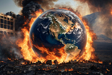 Earth globe collapse, burning, destroyed by fire. Conceptual illustration of global warming, caused by the excesses of the world of finance and industry - obrazy, fototapety, plakaty