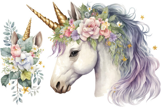 watercolor White unicorn with floral hand-drawn illustration white isolated background. Generative AI