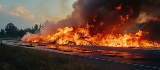Roadside controlled burn poses risks of air pollution and reduced visibility. - obrazy, fototapety, plakaty