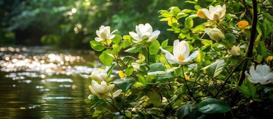 The beautiful white flowers gracefully bloom garden, surrounded by lush green plants, and the colorful leaves create a picturesque background. As the water gently flows, reflecting the vibrant colors - Powered by Adobe
