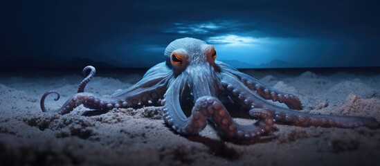 Nocturnal shot of an octopus vulgaris on sand.
