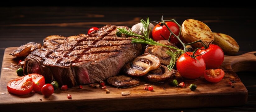 Ribeye steak with potato, mushrooms, tomatoes on a wooden board.