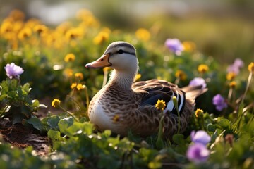 Fototapeta premium Duck in a Field of Yellow and Purple Flowers