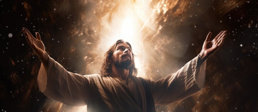 Jesus Christ extending aid in warmly illuminated space.