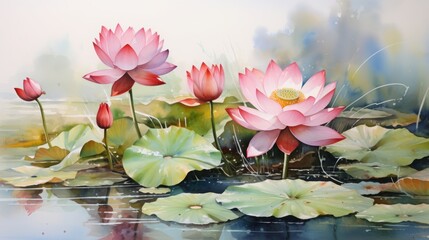 Lotus Flowers on Water, watercolor art