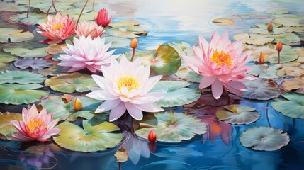 Lotus Flowers on Water, watercolor art