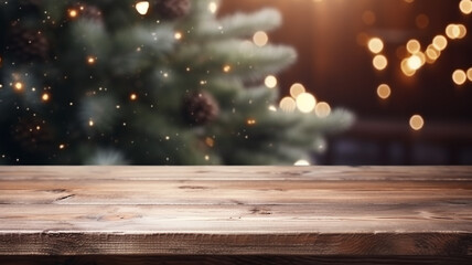 Empty wooden plank table top with festive fireworks, bokeh light background in the sky party holiday celebration. - obrazy, fototapety, plakaty