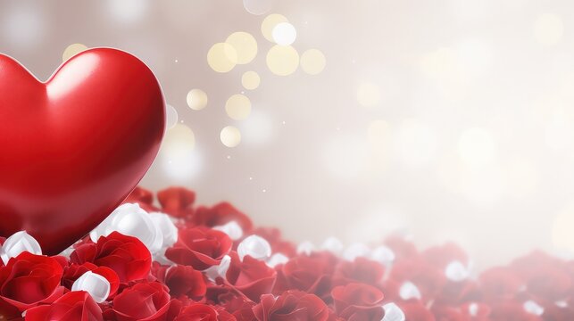 Saint Valentines day background with cute doodle hearts and red roses with empty space for text. Beautiful bokeh background