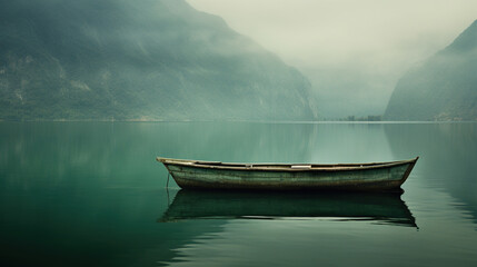 Boat on lake at dusk. Generative Ai