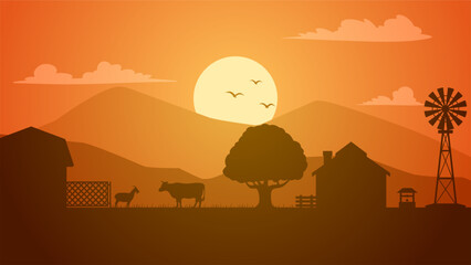 Fototapeta premium Farmland silhouette landscape vector illustration. Scenery of livestock and windmill in the countryside farm. Rural panorama for illustration, background or wallpaper