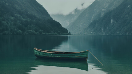 Obraz premium Boat on lake at dusk. Generative Ai