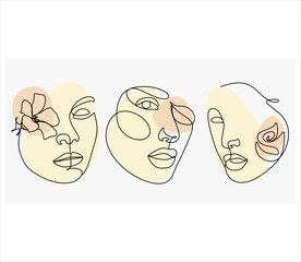 Woman Face with Flowers in Trendy Modern Linear Style. Female Beauty Art. Minimalist Outline Drawing for Wall Print, Poster, Cosmetics. 