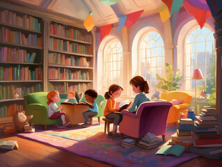 Happy children Studding at library, Education cartoon