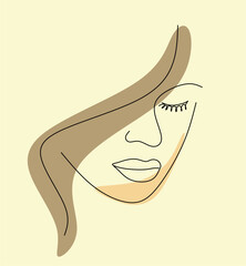 Woman's face continuous line drawing. Abstract minimal female portrait. Logo, icon, label.