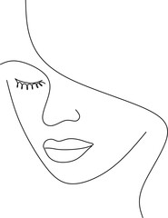 Woman's face continuous line drawing. Abstract minimal female portrait. Logo, icon, label.