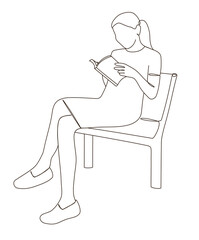 Continuous line art of happy relaxing long hair young woman reading a book sitting cross legged on a bench at park. campus university student weekend activity leisure time.
