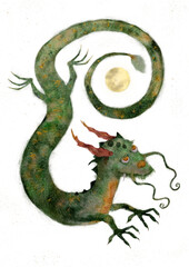 Watercolor green dragon on a  transparent background. Moon, horoscope.