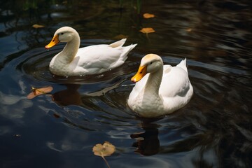 Fototapeta premium Two white ducks swimming in a pond