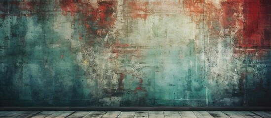The creative artist applied a grunge abstract texture to the green wall, pairing it with blue and red accents, creating a captivating background that showcases the unique combination of art