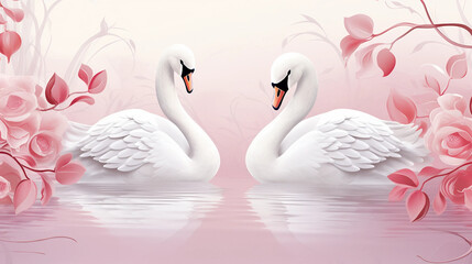 two swans on the lake with flowers